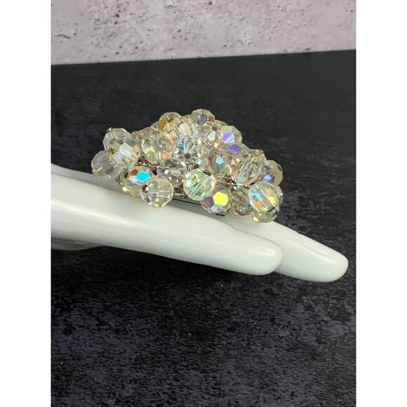 Aurora Borealis Crystal Beaded Brooch Super Charming Silver Tone Frame Vintage - Picture 4 of 9